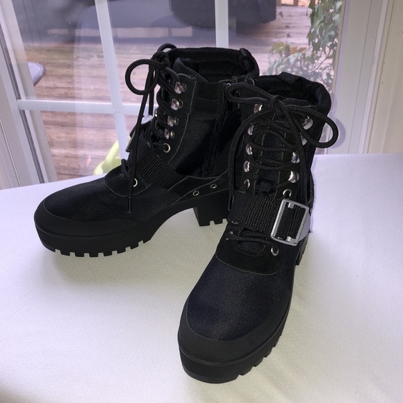 NWOT! Steve Madden Nayra Black Suede/ fabric Chunky combat boot - Picture 2 of 10